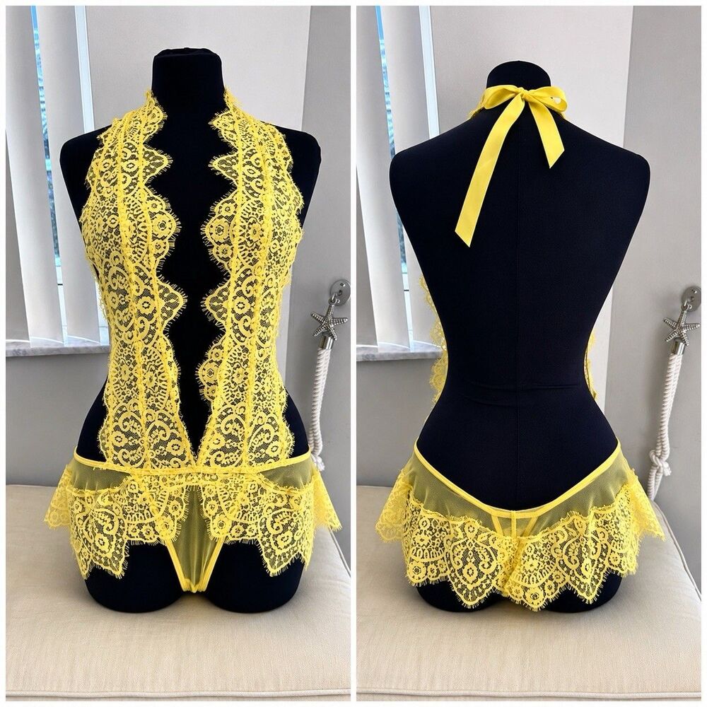 Frederick’s Of Hollywood Bright Yellow Lace Sexy teddy Ribbon size S